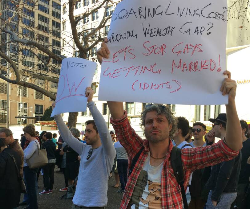 FAIR GO: Tim Hansen at the Marriage Equality Rally at Sydney Town Hall last Sunday. Photo: ANDREW KENNEDY.