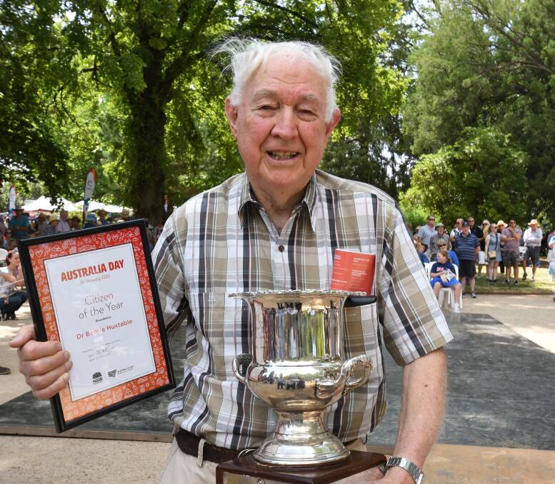HONOURED: Orange's Citizen of the Year for 2020, retired physician Dr Bernie Huxtable with his award in Cook Park on Sunday. Photo: CARLA FREEDMAN