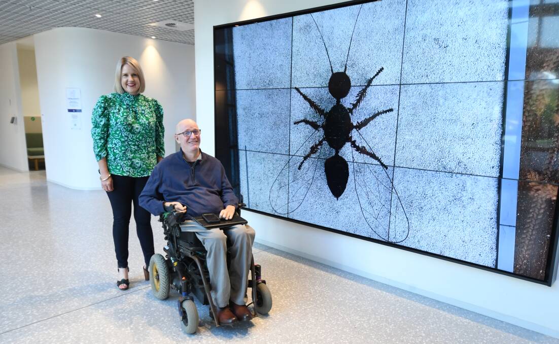 IMPRESSIVE: Caroline Myers and Peter Worsley next to an image of the wasp on a large screen in the foyer of the DPIE building. Photo: JUDE KEOGH