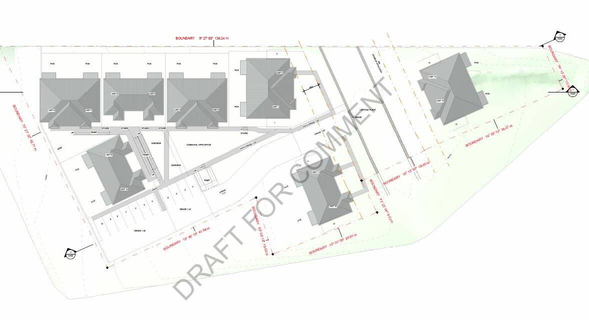 DRAFT PLAN: Housing Plus has released this drawing showing the extent of the development (grey buildings) which would be on both sides of the end of Lantana Place.