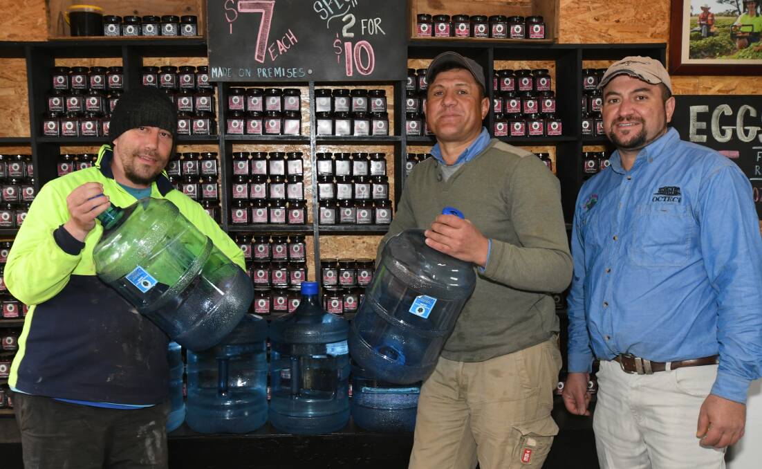 SHARING: Ryan Lang, Tony Belmonte and Gianni Belmonte at the Huntley Berry Farm where they are offering free spring water to farmers. Photo: CARLA FREEDMAN