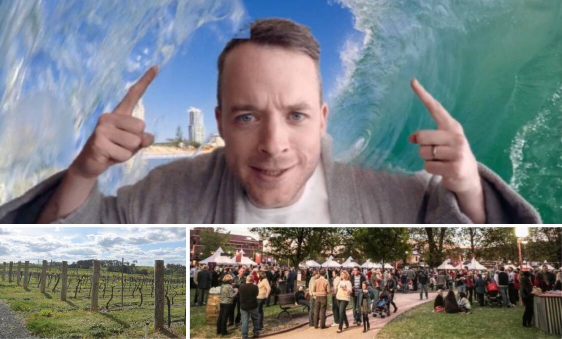 HOLIDAY: Hamish Blake in the campaign video (top), Orange vines (above left) and FOOD Week's night markets. Photos: Supplied, CARLA FREEDMAN