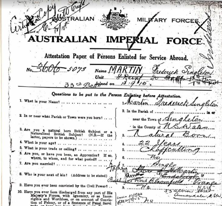 SIGNED UP: Private Martin enlistment papers from 1915. Photo: Supplied