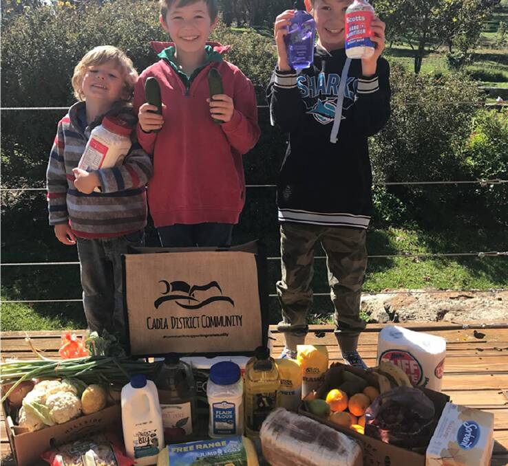 THANKS CADIA: Fergus, Hugo and Bill Quilty with a hamper provided to their family. Photo: Supplied