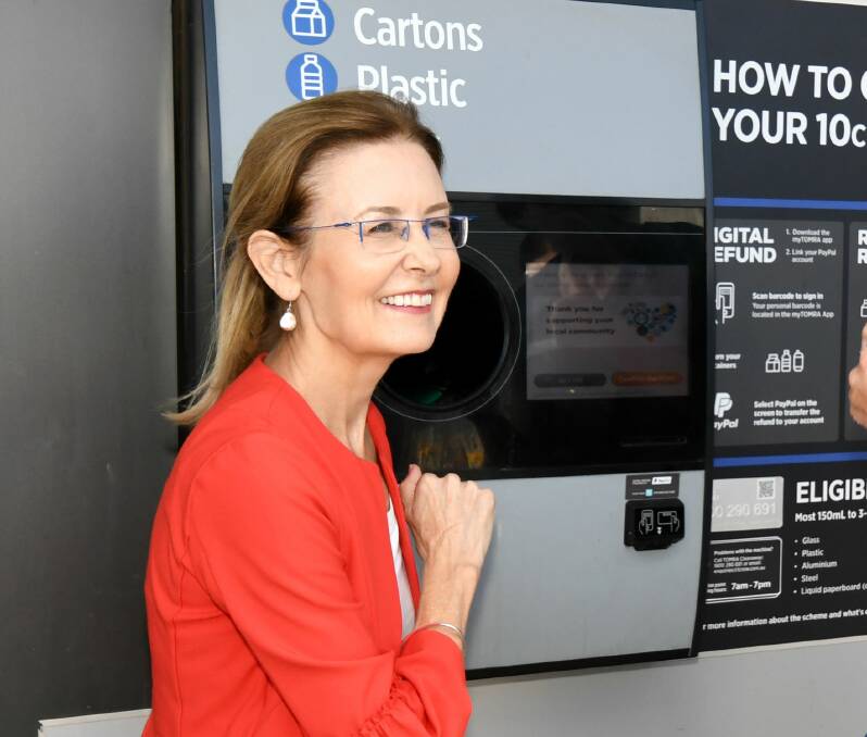 SUCCESS: Environment minister Gabrielle Upton at the Return and Earn kiosk at Flipout on Monday. Photo: CARLA FREEDMAN 0304cfupton3