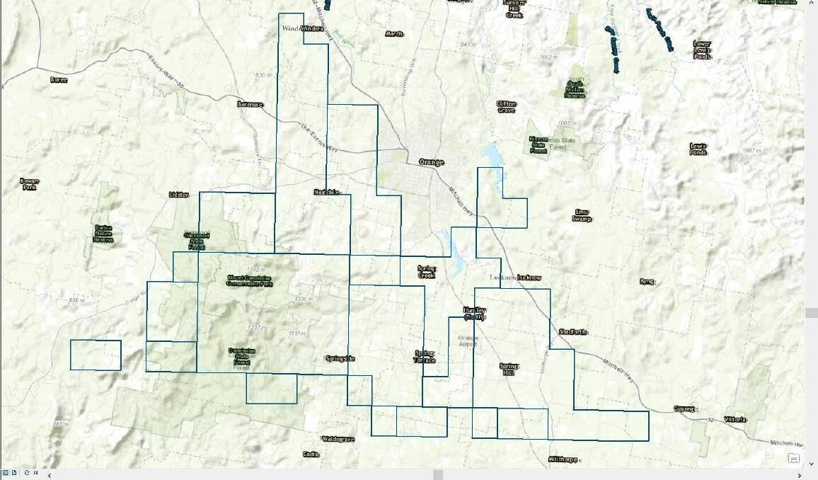 SIZED UP: A map of mining leases (exploration tenement locations) around Orange supplied by the Fortescue Metals Group to the Nashdale Action Group.