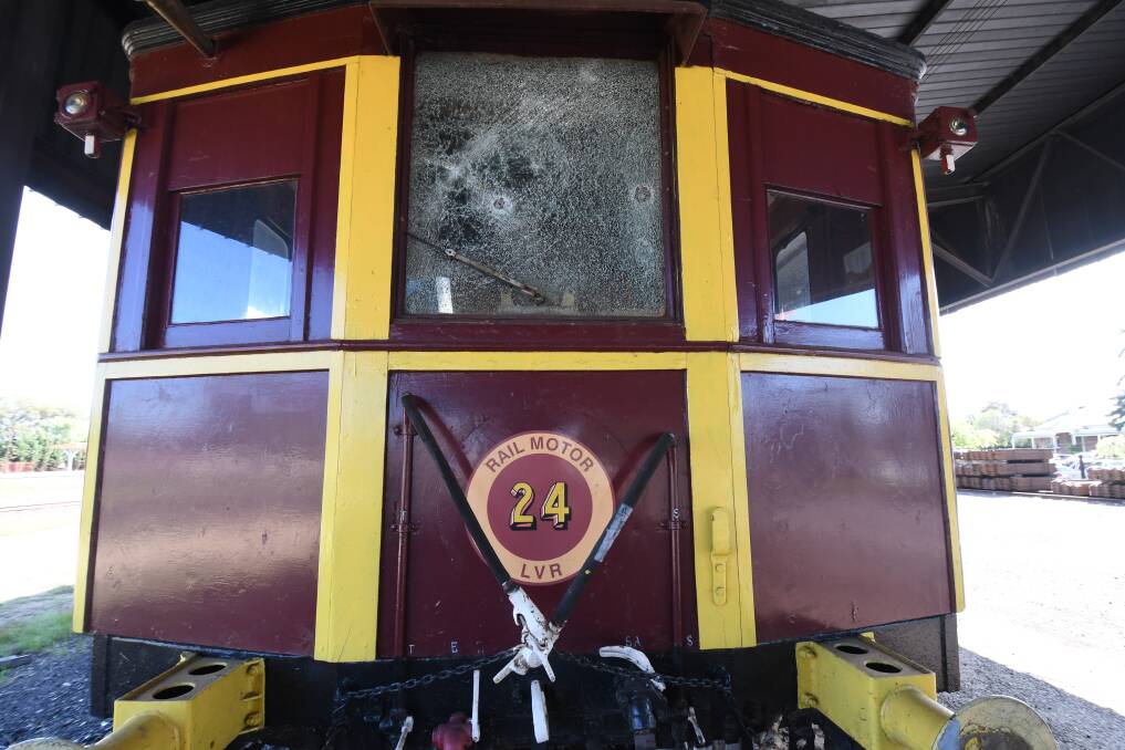 SMASHED: The damaged front window on the historic rail motor in Orange. Photo: CARLA FREEDMAN