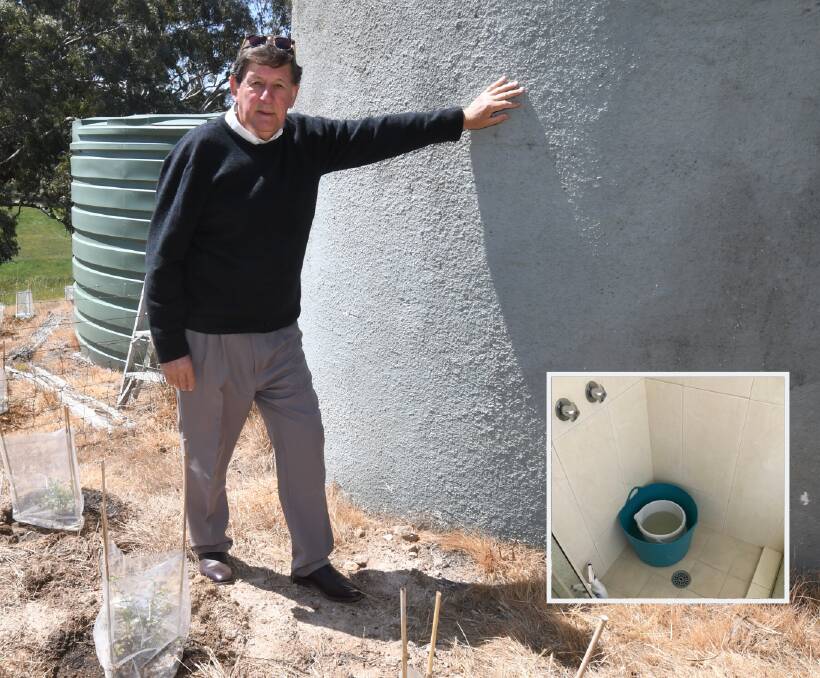 WATER WISE: Cr Reg Kidd says water tanks and saving shower water in buckets to use on your garden is important to survive the drought conditions. Photos: JUDE KEOGH, SUPPLIED