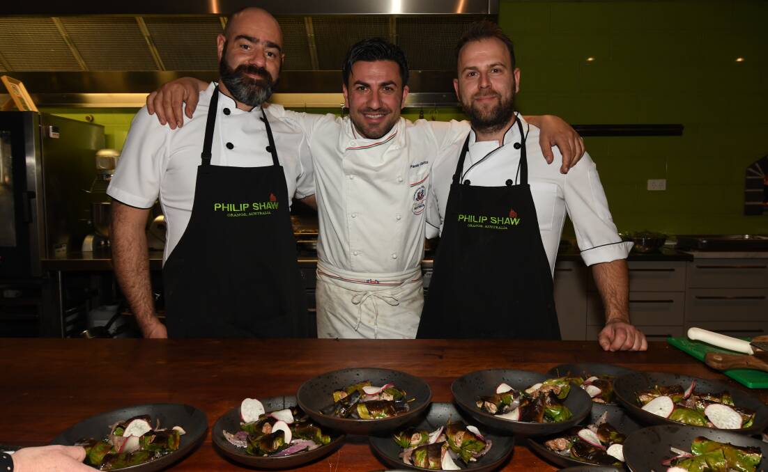FINE FOOD: Nic Freedman, Paulo Gatto and Francesco Zarrella at Philip Shaw Wines. Photo: CARLA FREEDMAN