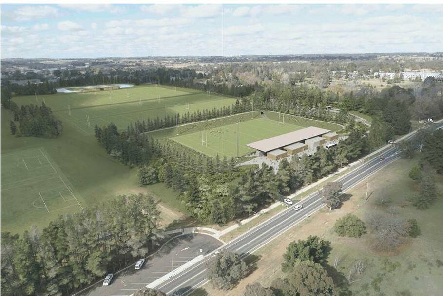 FUTURE VIEW: How the sports precinct will look with the main arena and grandstand near Forest Road in this image prepared for Orange City Council.