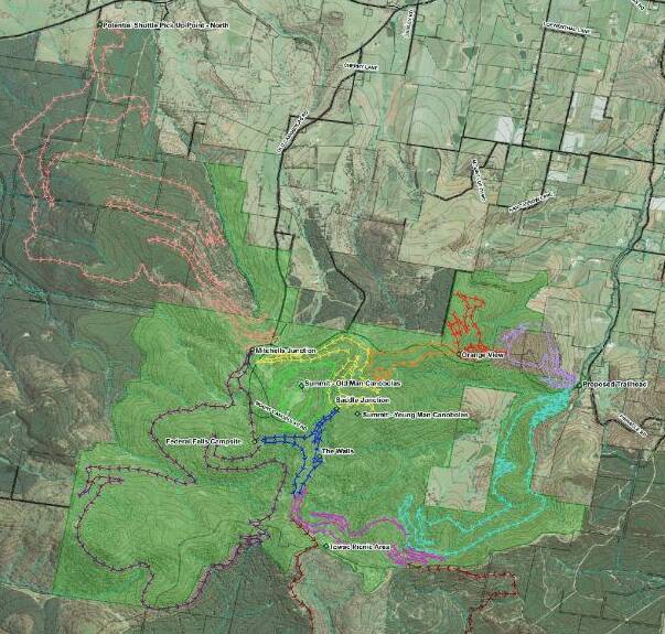 CYCLING: The coloured lines represent part of the 63-kilometre web of mountain bike trails planned for Mount Canobolas as shown in the concept plan.
