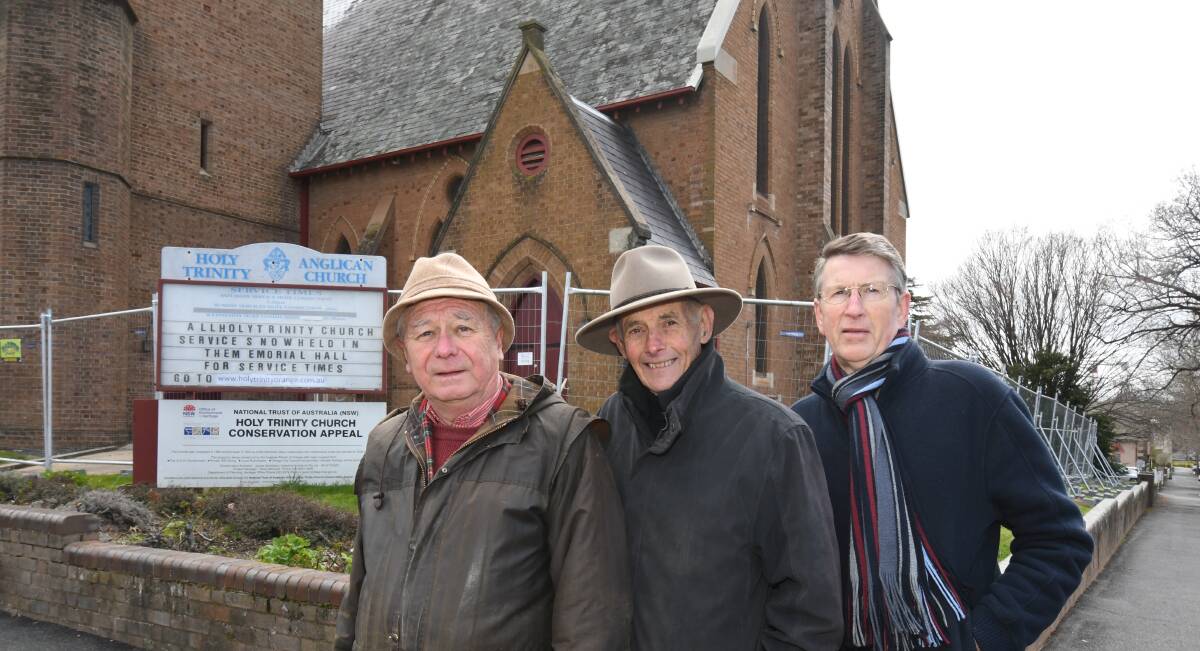 FUNDS NEEDED: Ernest Shave, Rob Westcott and Rod Wykes outside the 140-year-old Holy Trinity Anglican Church. Photo: CARLA FREEDMAN 0909cftrinity1