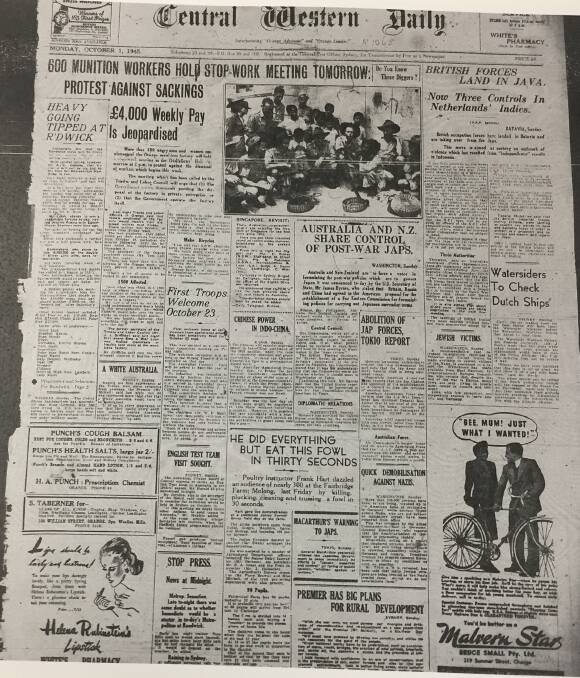 WHERE IT BEGAN: The front page of the first edition of the Central Western Daily on Monday, October 1, 1945 with a mix of post-WWII and local news.
