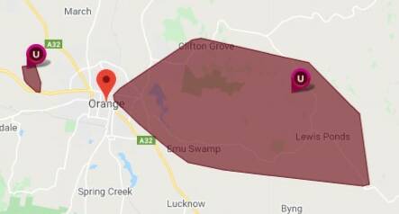 OUTAGE: The extent of power outages east and west of Orange at 4.45pm on Wednesday. Photo: Essential Energy