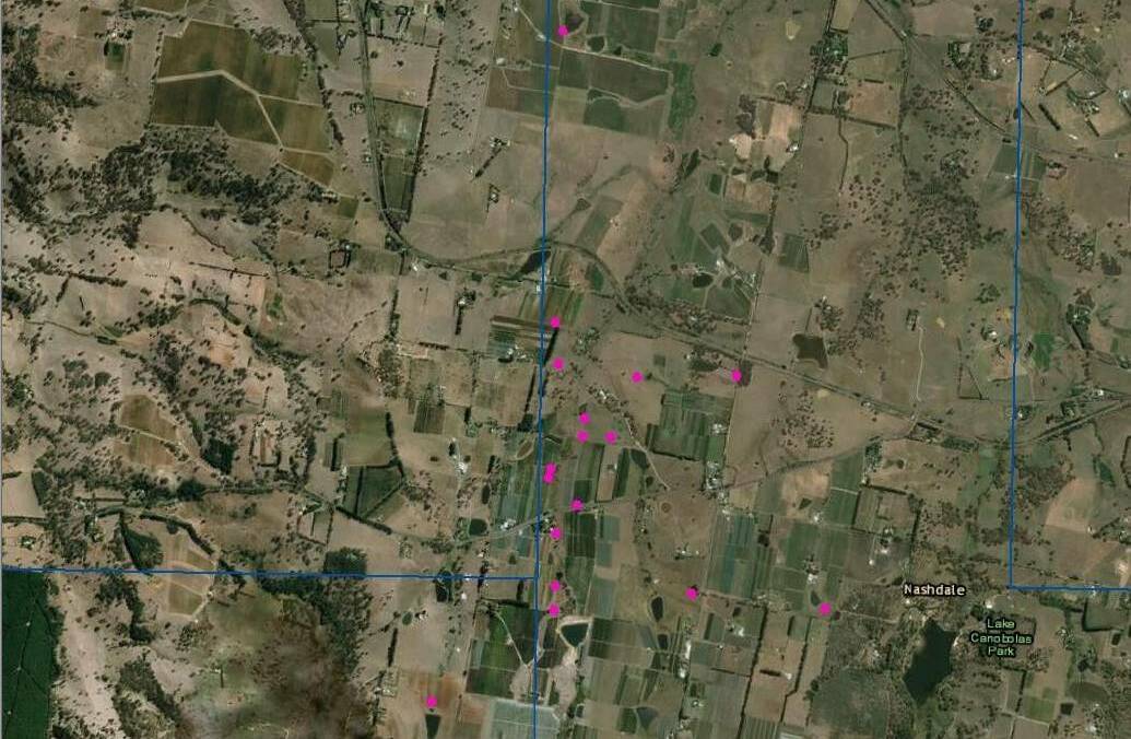 EXPLORATION: A map of drilling holes near Nashdale supplied by Fortescue Metals Group to the Nashdale Action Group as of August. Photo: Supplied