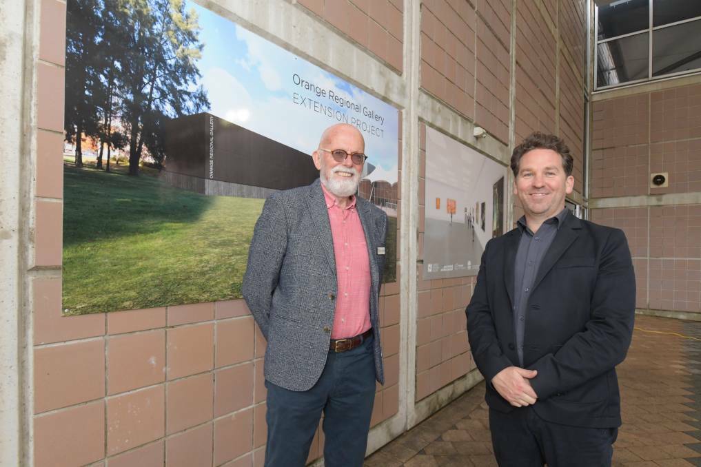WORK TO START: Friends of Orange Regional Gallery president Richard Walker and gallery director Brad Hammond in front of an image of how the gallery will look. Photo: JUDE KEOGH