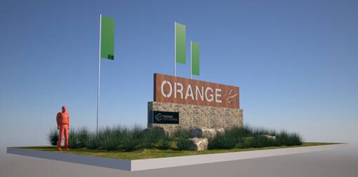 LATEST PLAN: The word Orange can change colour and different coloured flags could be flown to mark events on this welcome sign.