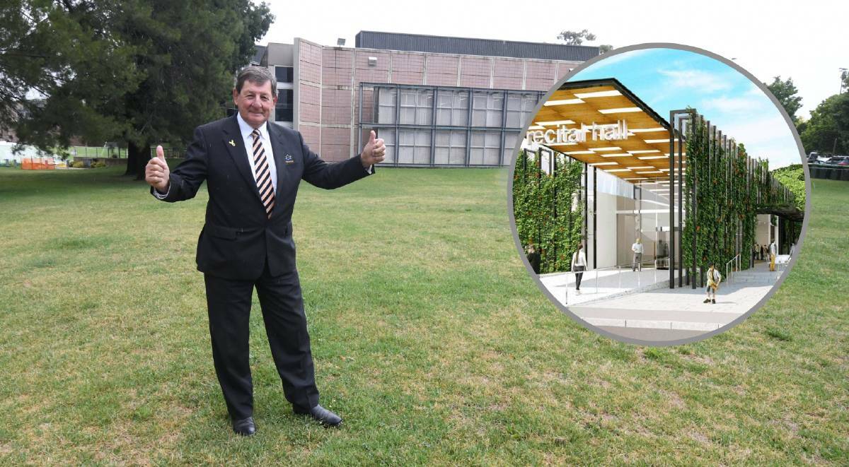 THUMBS UP: Mayor Reg Kidd on the site in December when planning approval for the conservatorium and planetarium (inset) was granted. Photo: JUDE KEOGH