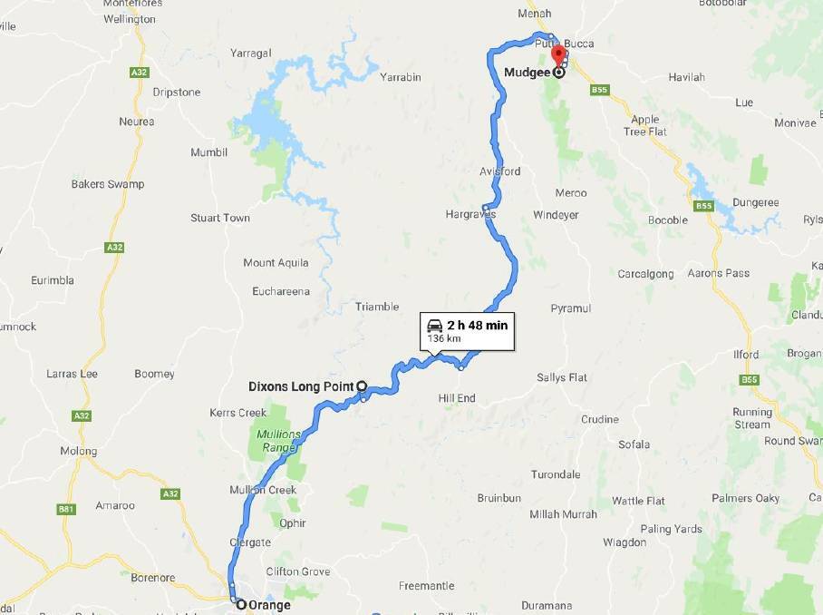 PATH: The route from Orange to Mudgee via Dixons Long Point. Photo: Google maps