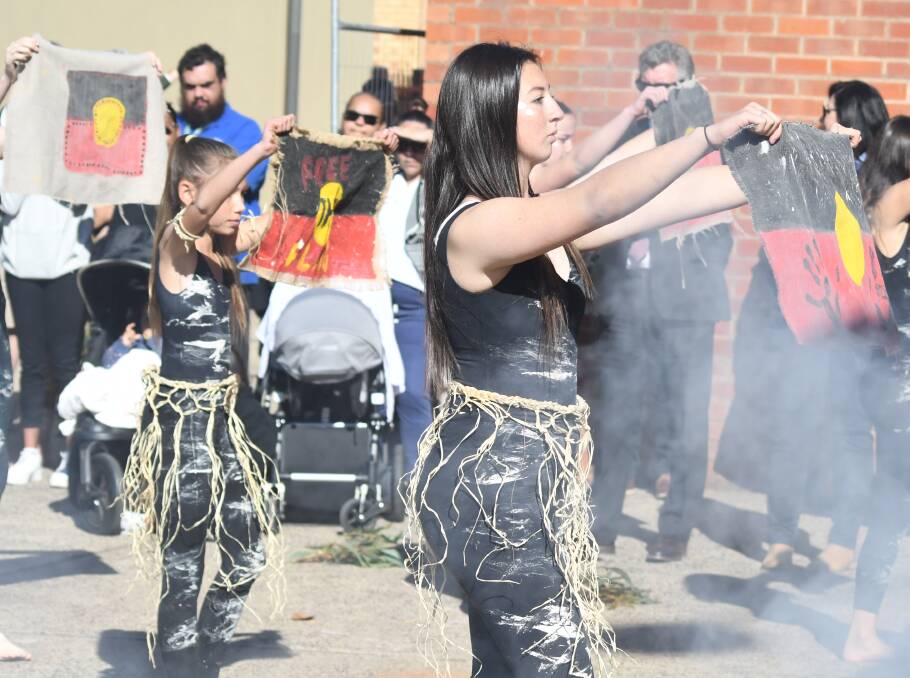 CELEBRATION: Paityn Klaare-Smith and Joanna Wright perform with the Dyiramaalang Dancers at the ceremony at the former police station site in Byng Street. Photo: JUDE KEOGH