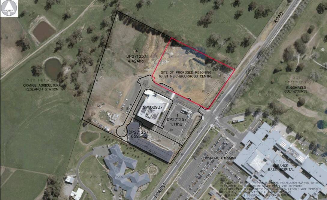 LOCATION: The proposed site for the neighbourhood/retail centre (in red) at the Bloomfield Medical Centre on Forest Road opposite Orange Hospital as contained in the rezoning application.