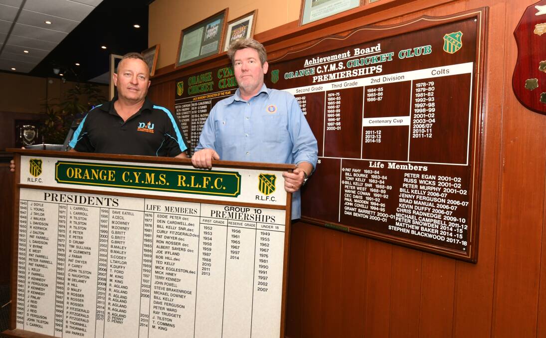 TIME TO GO: CYMS football and cricket club presidents Dave Penny and Gerard Hannelly remove honour rolls at Kelly's hotel. Photo: JUDE KEOGH 1023jkkellys1
