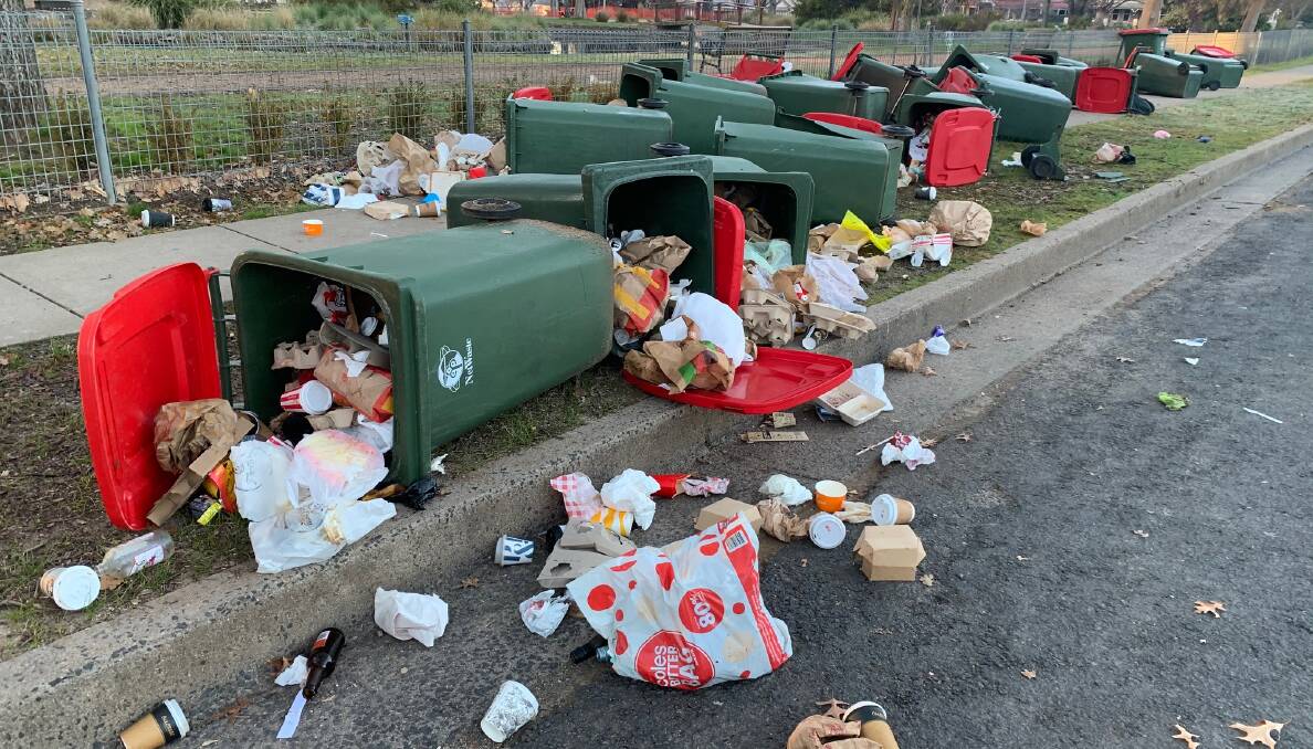 LOW ACT: About 18 bins were knocked over and their contents strewn across the footpath outside Cook Park this week. Photo: TRACEY PRISK
