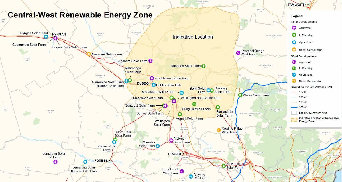 PLUG IN: A government map of the proposed zone and wind and solar farms in the region. Photo: Supplied