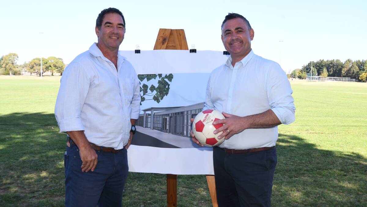 OWN GOAL: Football association boss Cr Tony Mileto with Deputy Premier John Barilaro at Jack Brabham Park. Photo: CARLA FREEDMAN 0225cfjackbrabham2