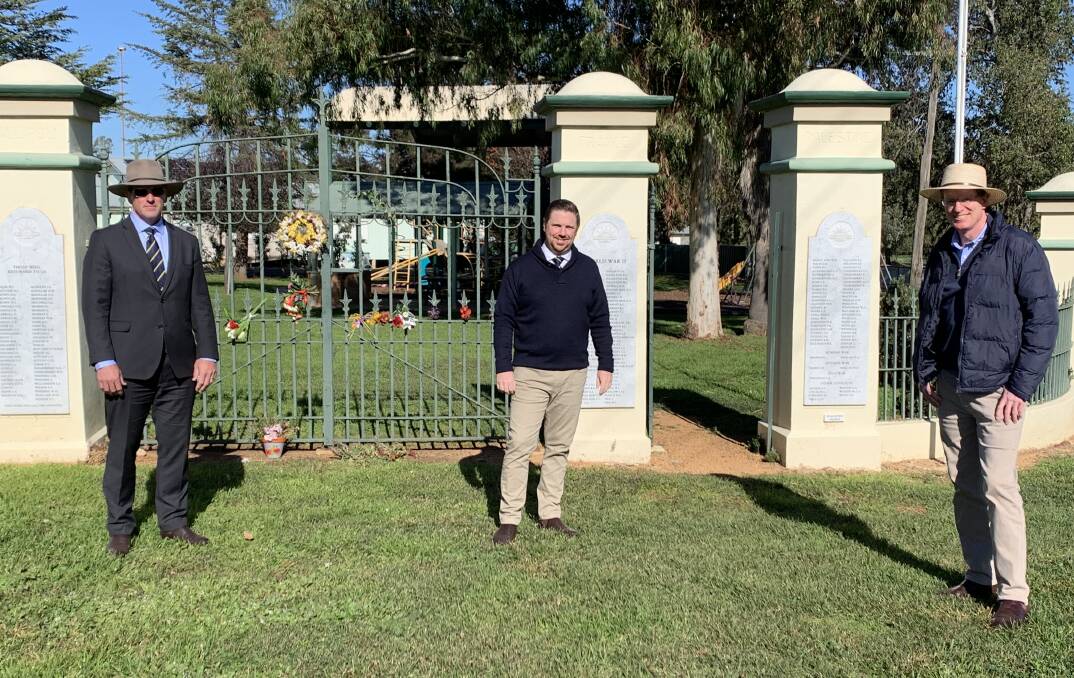 FUNDING: Cabonne Shire general manager Brad Byrnes, deputy mayor Jamie Jones and member for Calare Andrew Gee at Memorial Park in Cudal. Photo: Supplied