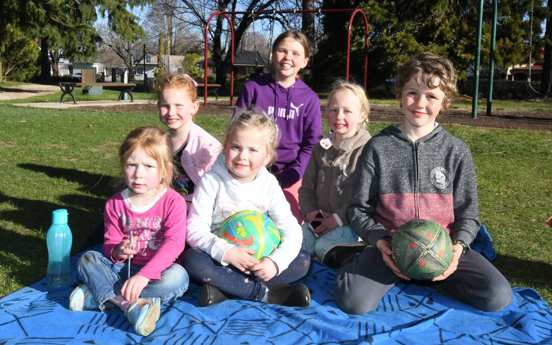 FUN IN THE PARK: Sienna and Nevaeh Hodge with Ella, Lily, Lucy and Stephen Wright in Cook Park. Photo: CARLA FREEDMAN 0916cfpark3