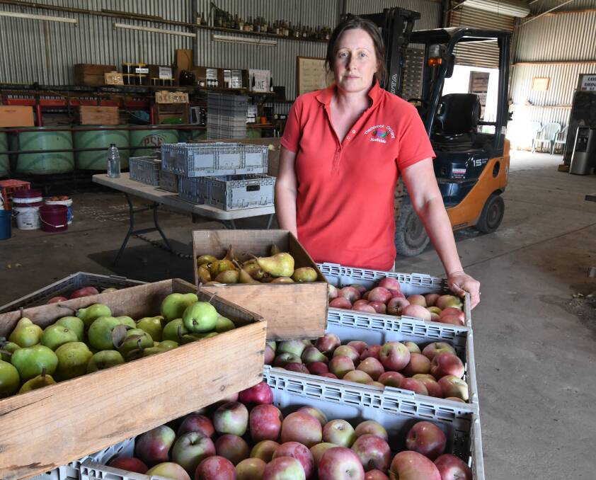FRESH FRUIT: Paula Charnock in the farm supplies shed at Thornbrook Orchard which has stopped its pick-your-own service due to fruit being affected by inconsistent weather. Photo: JUDE KEOGH 