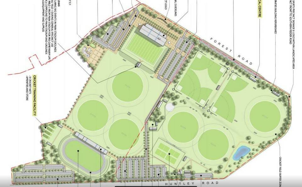 PLAN: A design for the park with the stadium on Forest Road and most car parking and the athletics centre on Huntley Road. Photo: Supplied