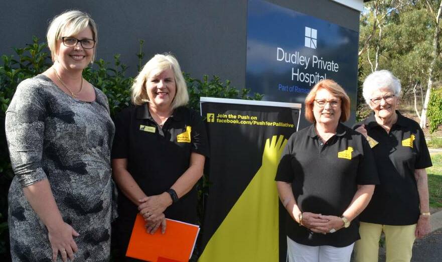 PROPOSAL: Dudley Private Hospital CEO Prue Buist with Push for Palliative Orange chair Jenny Hazelton, Tracy Wilkinson and Jann Hunt.