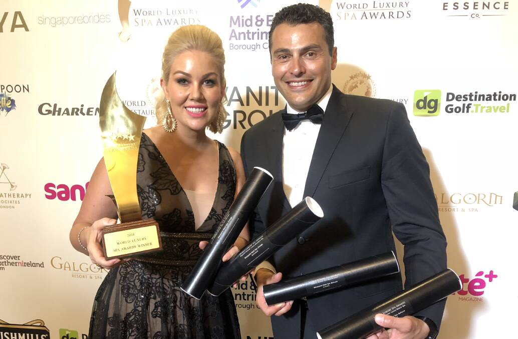 PRIZES: Macquarie Medi Spa Orange's Karla McDiarmid and partner Johnny Naofal with their award in Northern Ireland. Photo: Supplied