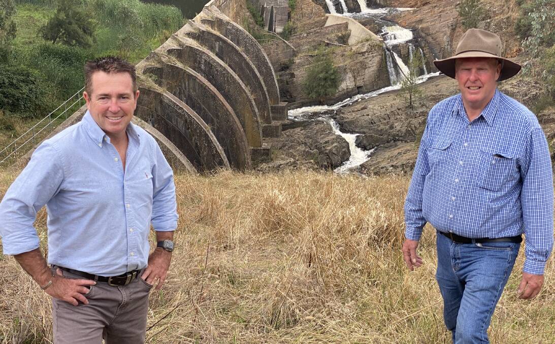 UNIQUE ENGINEERING: Paul Toole and Bruce Reynolds at the Junction Reefs Dam. 