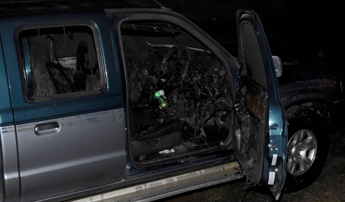 BURNED: The damage to the interior of the car which was burned on Wednesday night. Photo: MARK LOGAN
