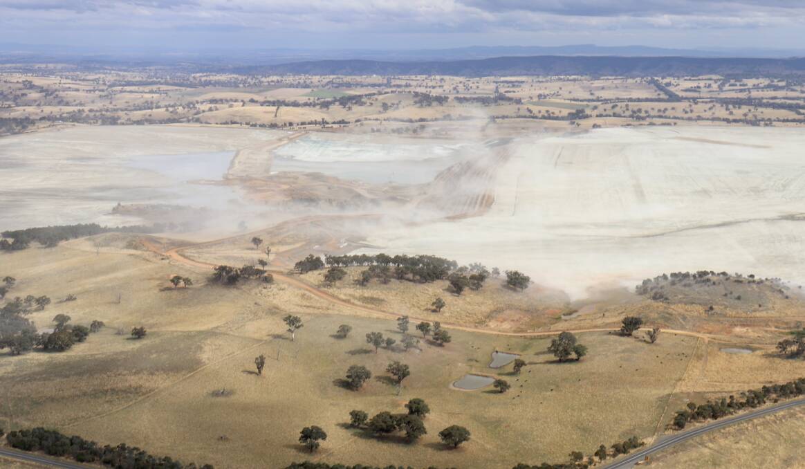Dust rising off the Cadia tailings dam in May 2022. Picture CCSN