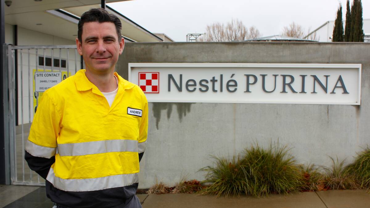 Pet project: Factory manager Andrew Devlin began work at the Nestle Purina factory in January during the bushfires. Photo: Contributed.