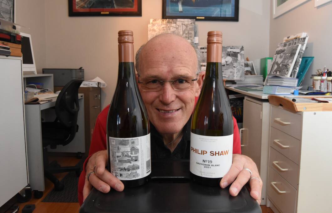 GOOD DROP: Peter Tilney with the artwork he created for the back of the Philip Shaw labels. Photo: Mark Logan.