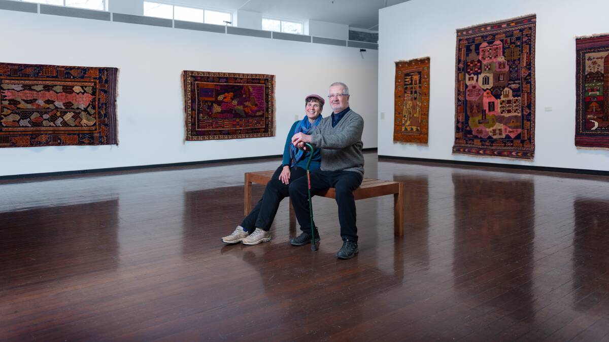 Pam McGrath and Nigel Lendon at 'I weave what I have seen: War Rugs of Afghanistan', at the Drill Hall Gallery in 2021. Picture: Rob Little