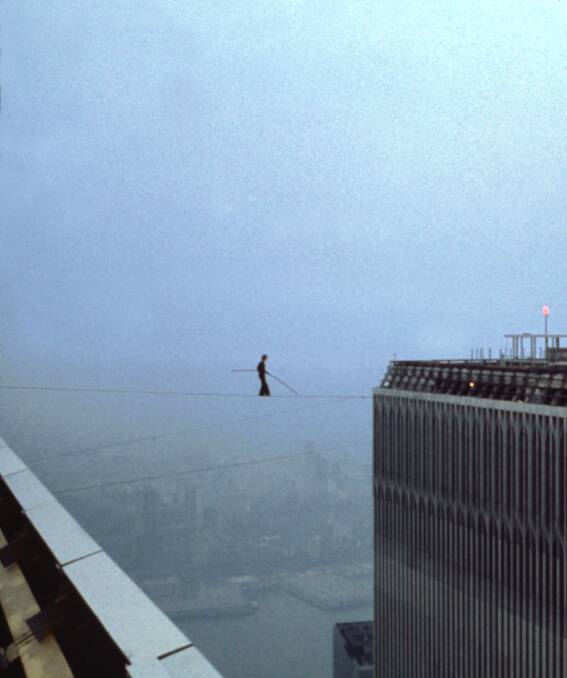 French aerialist Philippe Petit's unauthorised high-wire walk between the Twin Towers in 1974. Picture: Supplied
