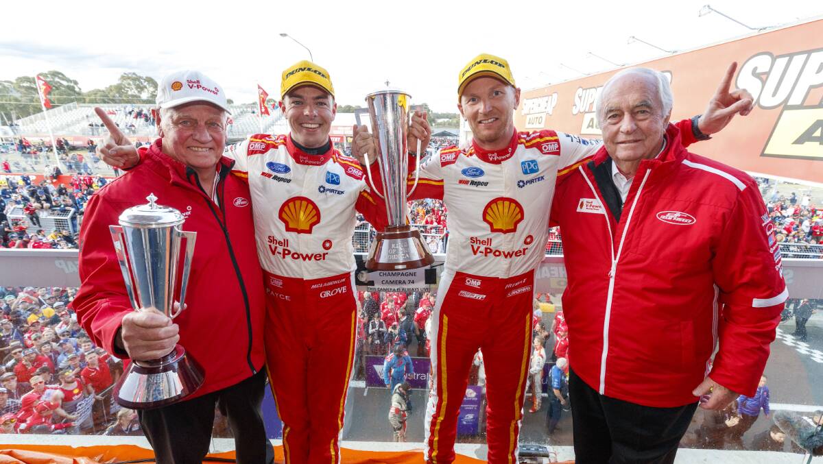 THE VICTORS: Dick Johnson, Scott McLaughlin, Alex Premat and Roger Penske were delighted to stand on the Mount Panorama podium as winners of the Bathurst 1000.