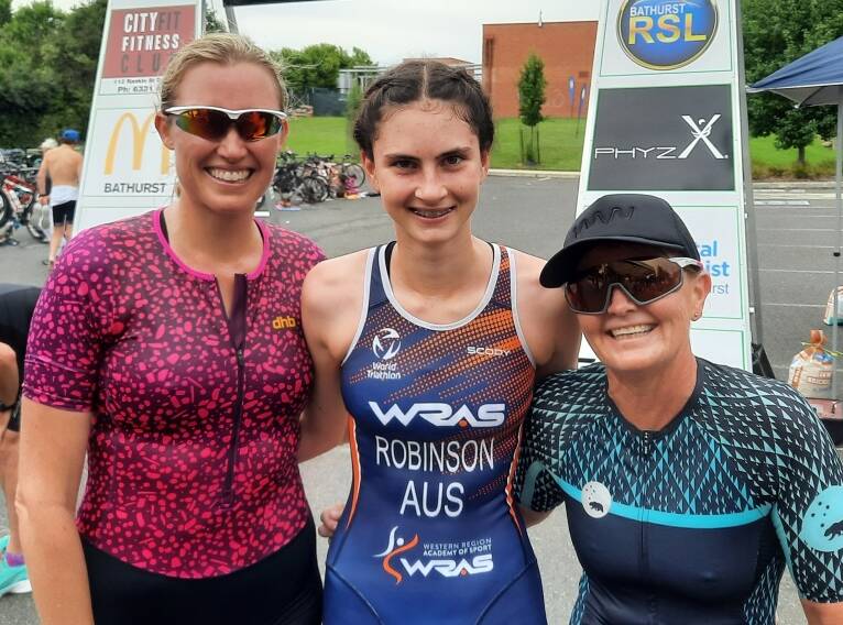 TERRIFIC TRIO: The top three from Sunday's women's short course event, Alexandra Banner, Amy Robinson and Belinda Smith. Photo: MARK WINDSOR