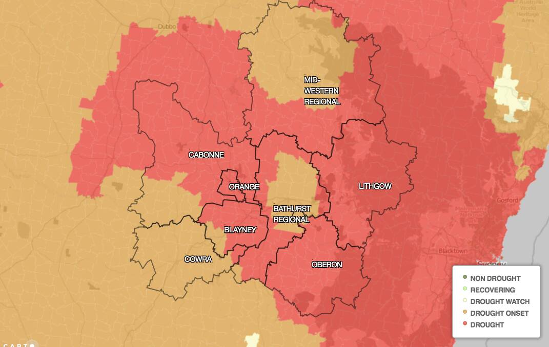 DROUGHT: 64.8 per cent of the Central Tablelands is in drought and 35.2 per cent is at the onset of drought. Source: NSW government Combined Drought Indicator.