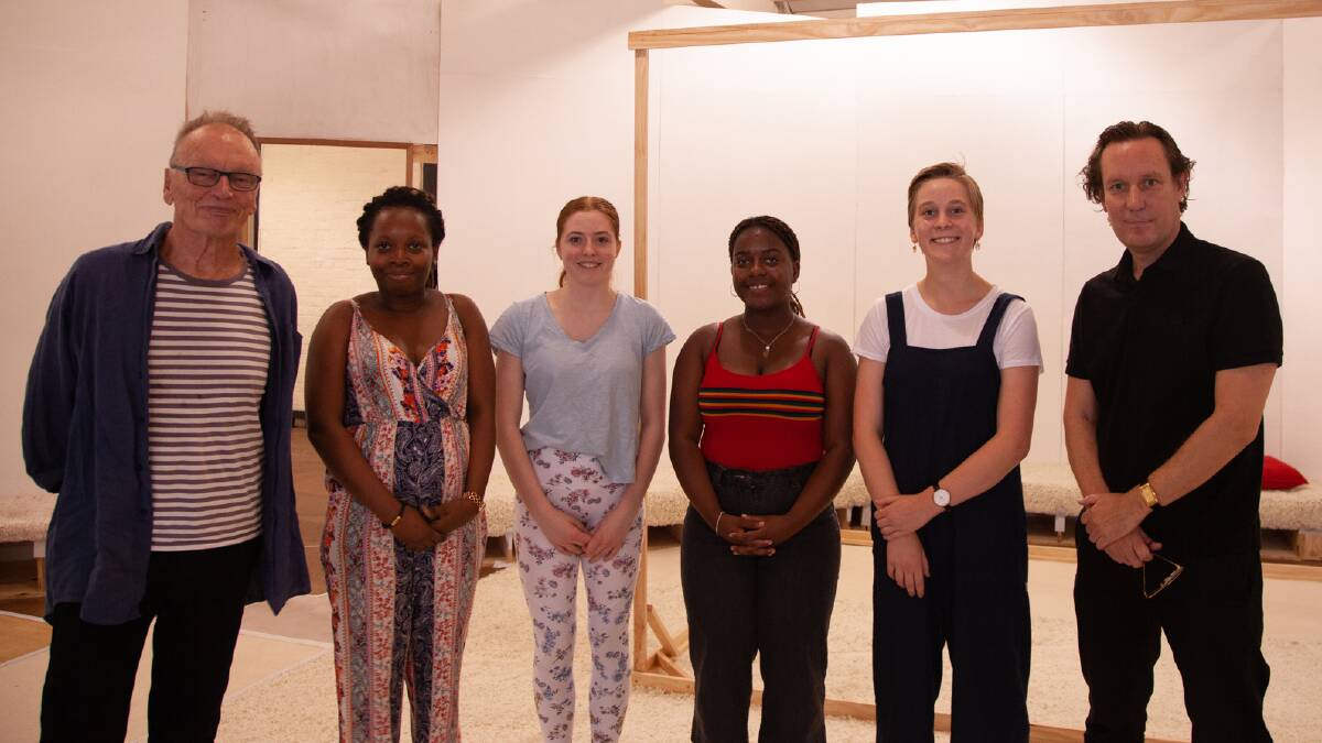 2019 SCHOLARSHIP: Bell Shakespeare founder John Bell, scholarship recipients Grace Ebelebe, Hanna Bourke, Promise Midzingwa and Stella Gavey and Bell Shakespeare artistic director Peter Evans. Photo: SUPPLIED
