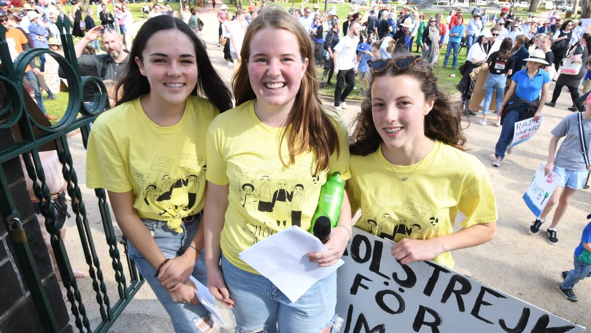 TAKING A STAND: Maddie Hook, Lara O'Brien and Ella Andrews helped organise Orange taking part in the Global Climate Strike last Friday. Photo: JUDE KEOGH