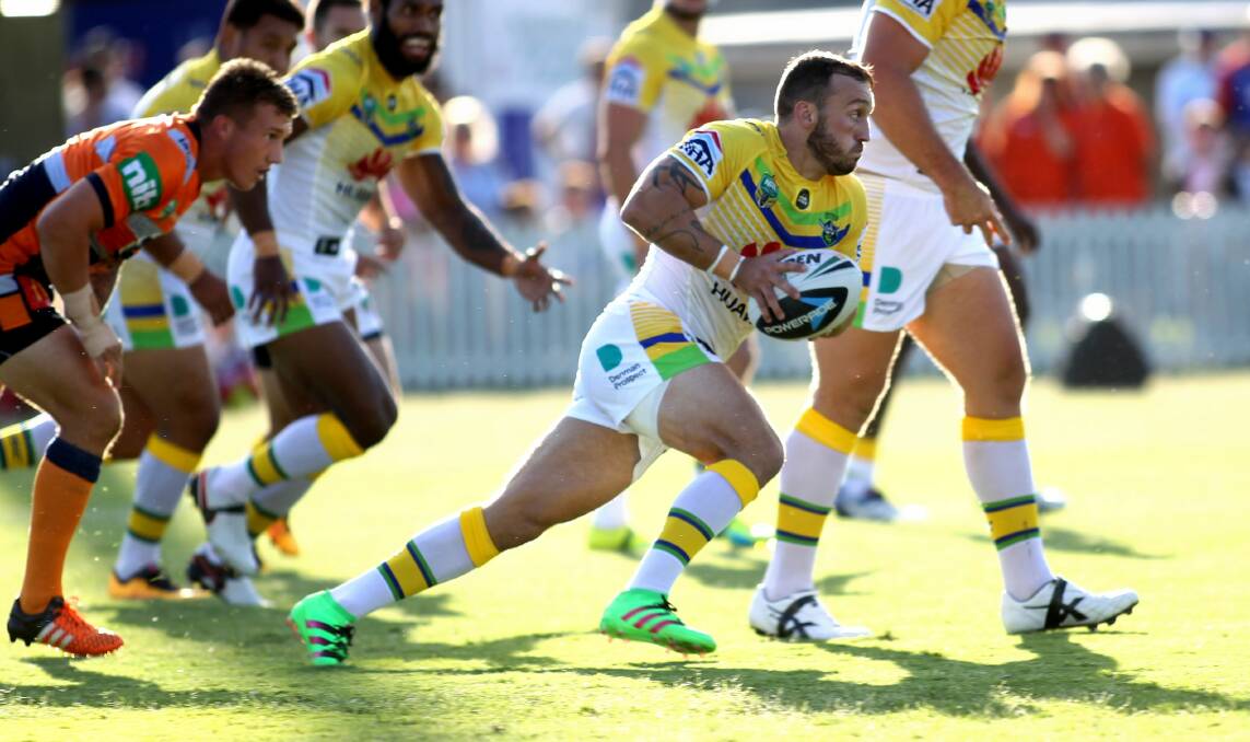 BACK IN THE BUSH: Canberra Raiders star Josh Hodgson darts out of dummy-half in the last NRL game at Wade Park ion 2016. 