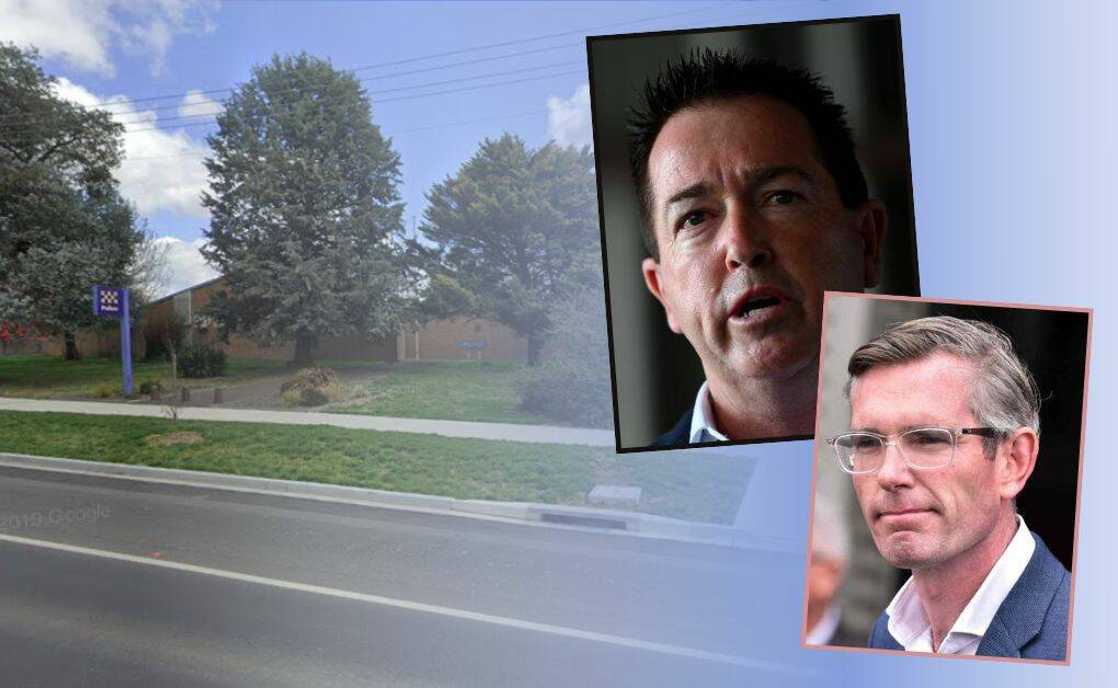 Blayney Police Station and (insets) deputy premier and NSW Police Minister Paul Toole and NSW Premier Dom Perrottet. Image Google Street View.