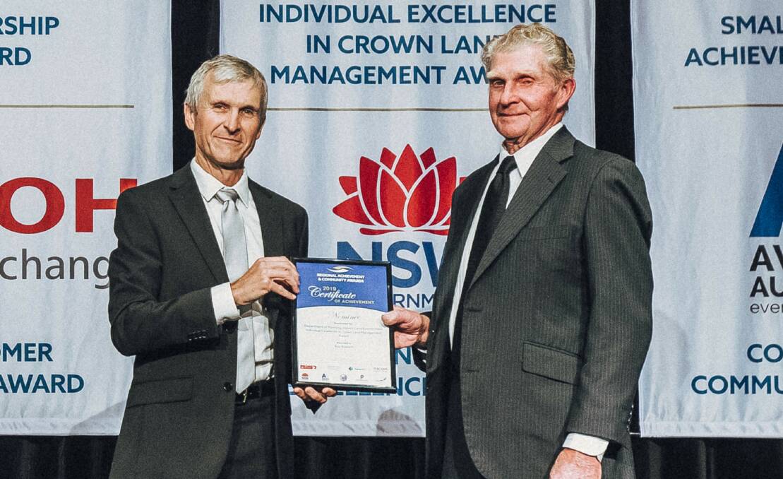 HONOUR: Roy Roweth presented as a nominee in the Department of Planning, Industry and Environment individual excellence in crown land management award, by Richard Bush, Crown Lands Commissioner. 